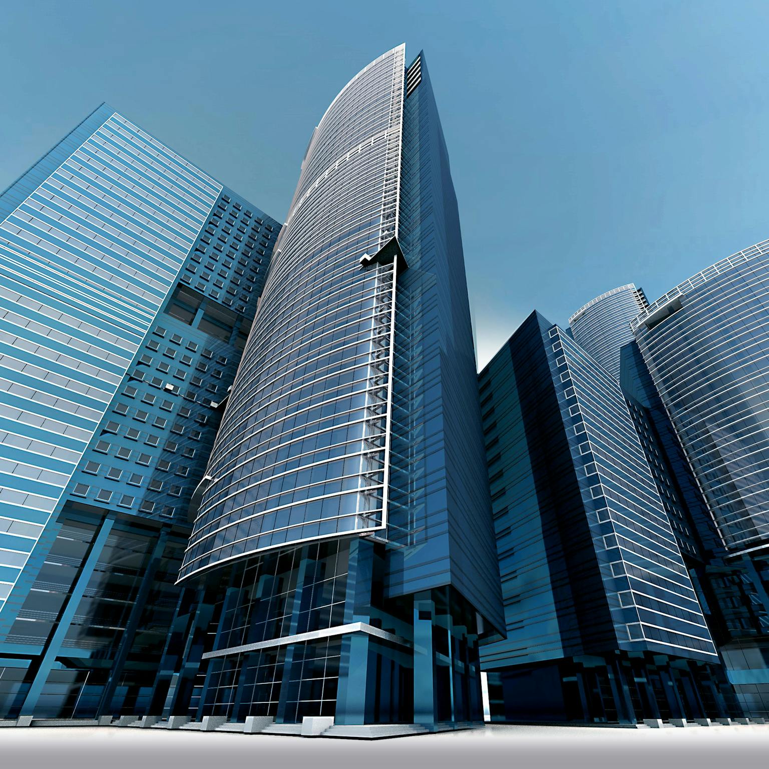 Gratte-ciels d’une grande ville urbaine avec des vitre reflétant le ciel bleu et représentant visuellement le potentiel patrimoine immobilier d'une SCPI